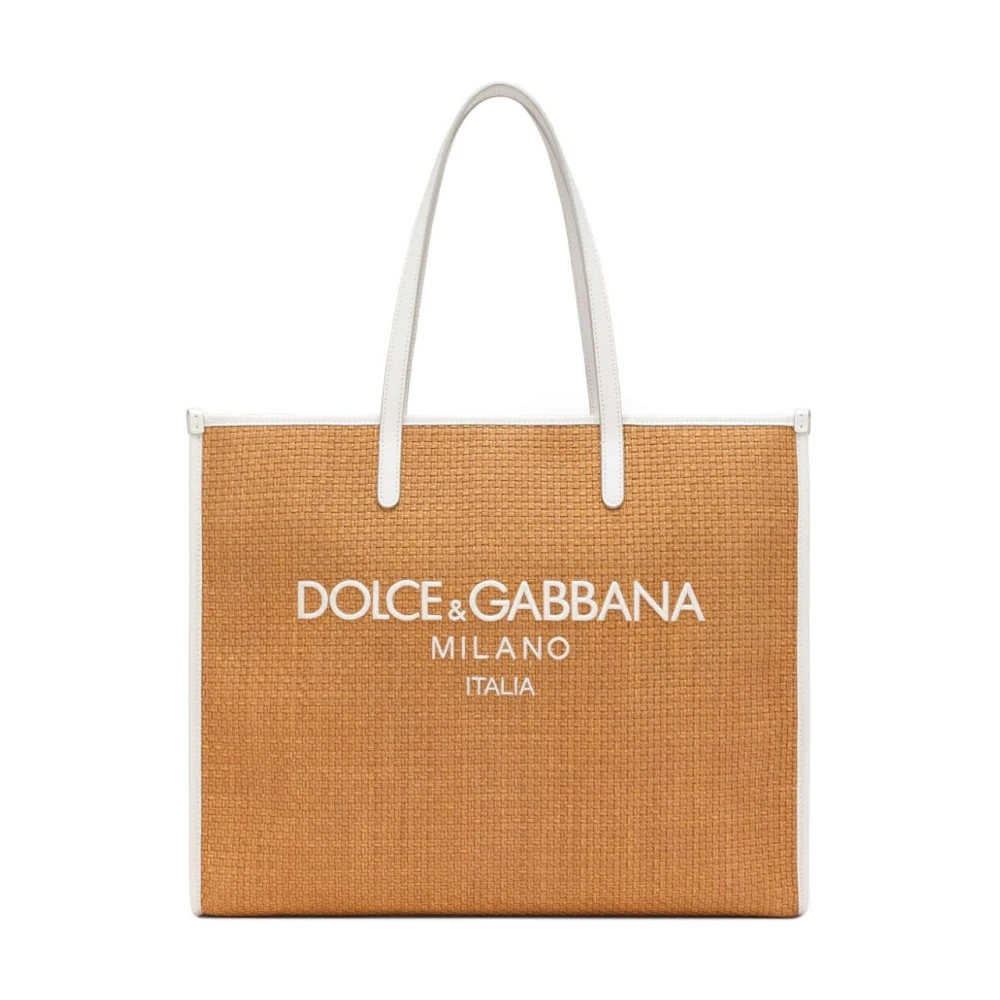 Dolce & Gabbana Neutrale Raffia Shopper met Logo Beige Dames