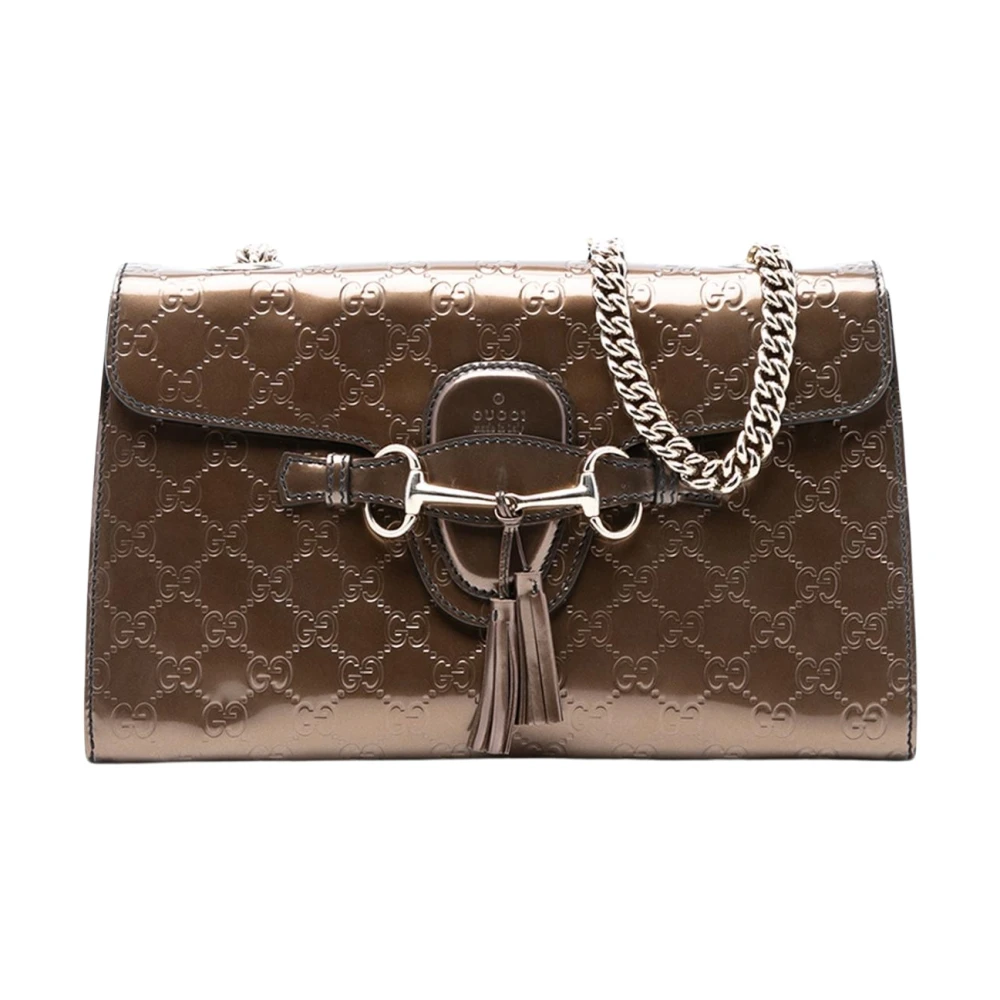 Gucci Vintage Women's Brown Pre-Owned Vintage Embossed Monogram Patent Leather Shoulder Bag