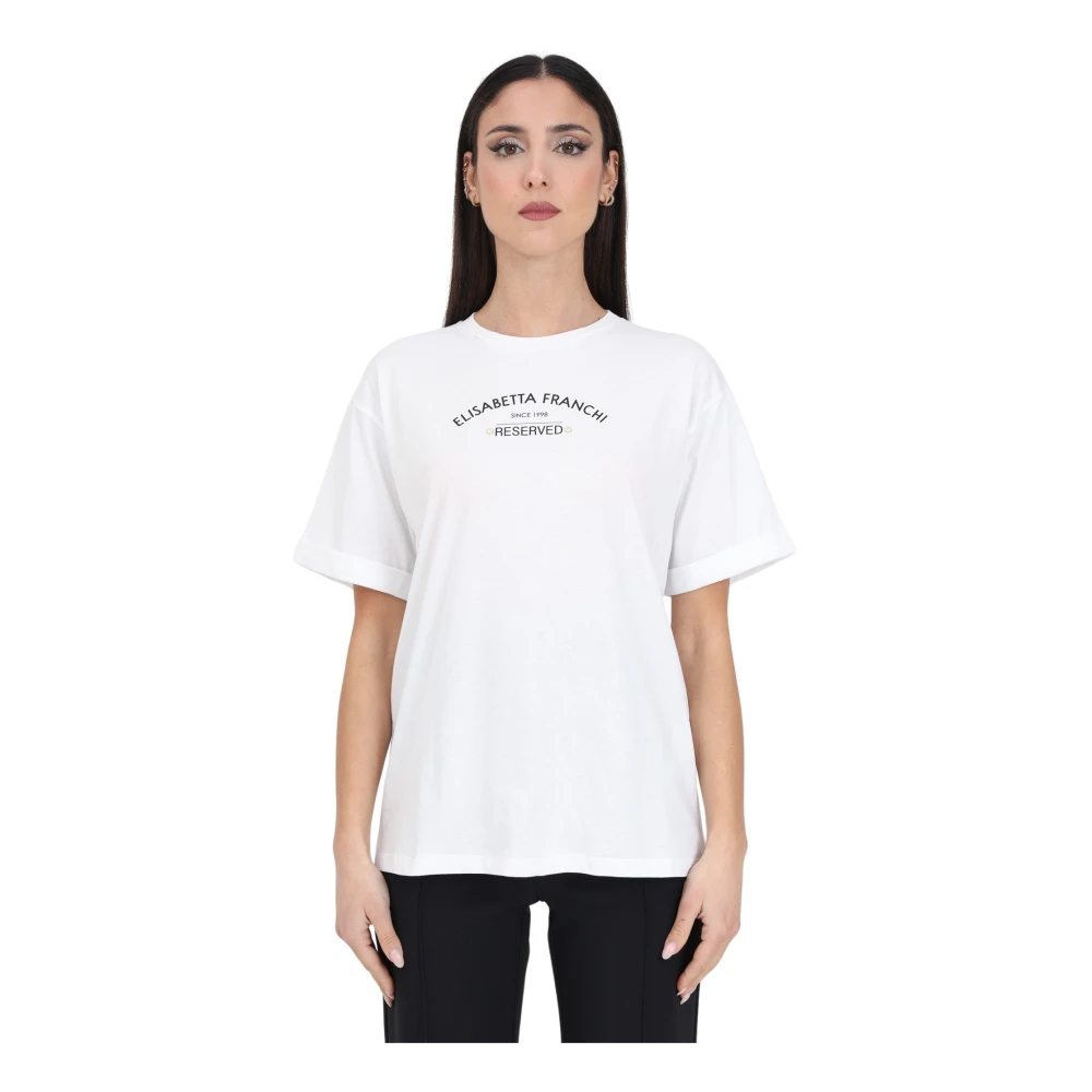 Elisabetta Franchi Witte Logo T-shirt met Gouden Studs White Dames