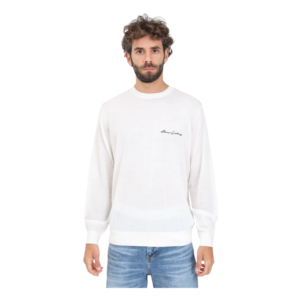 Armani Exchange Vit Crewneck Tröja med Logotyp Broderi Beige, Herr