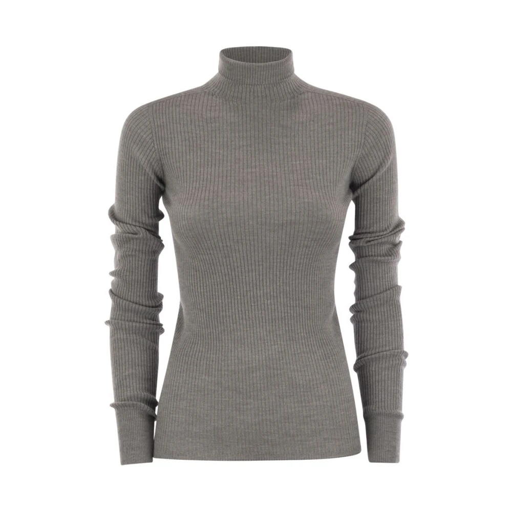 Sportmax Women's Gray Turtlenecks, M, Ribbed Pure Wool Turtleneck Jumper