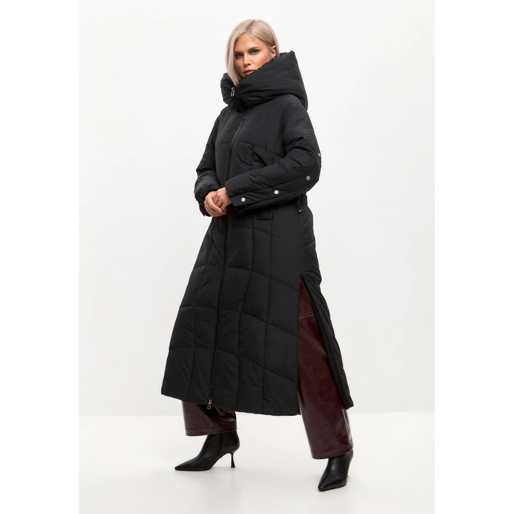 Cesare Gaspari Oversized gewatteerde jas met capuchon en nepbont manchetten Black Dames