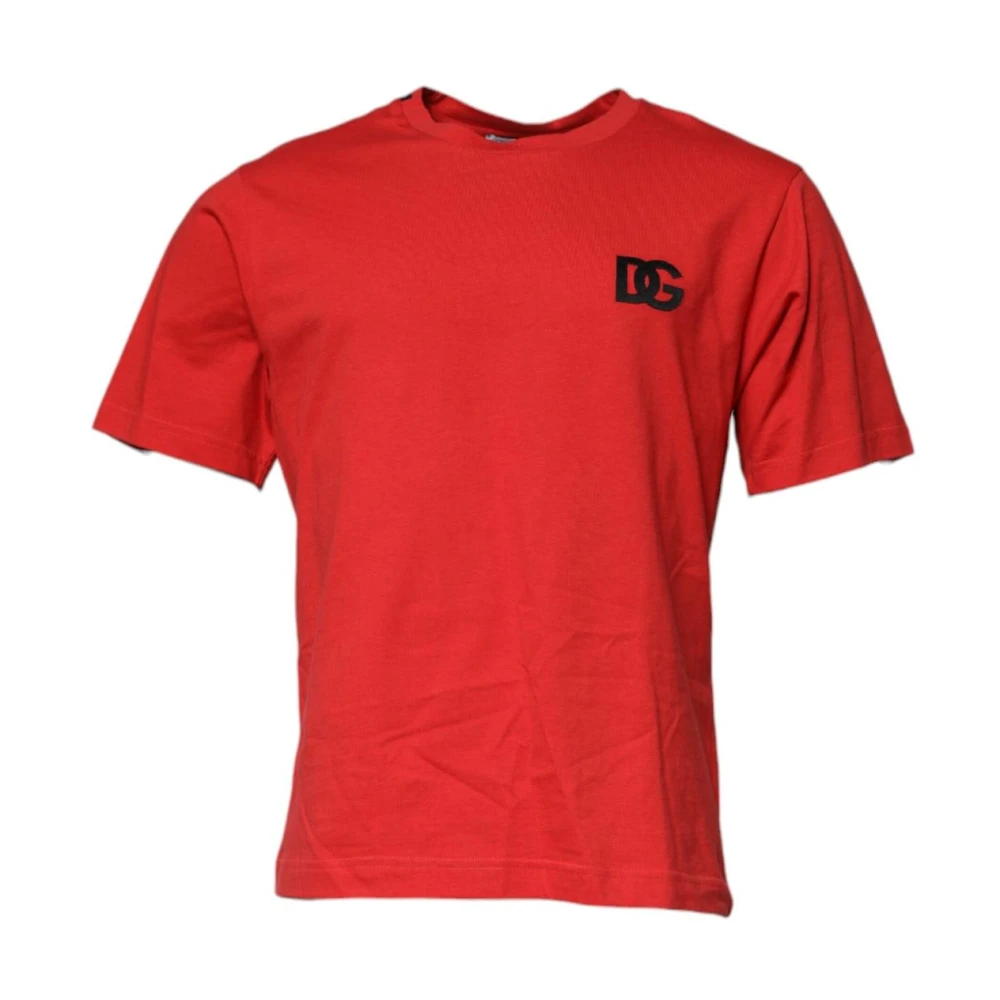 Dolce & Gabbana Men's Red Logo Patch Crew Neck T-Shirt