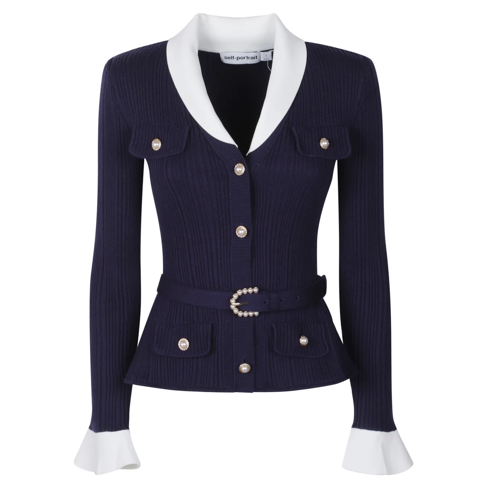 Self Portrait Blue Cardigans, Female, S, Navy Ribbed Knit Cardigan