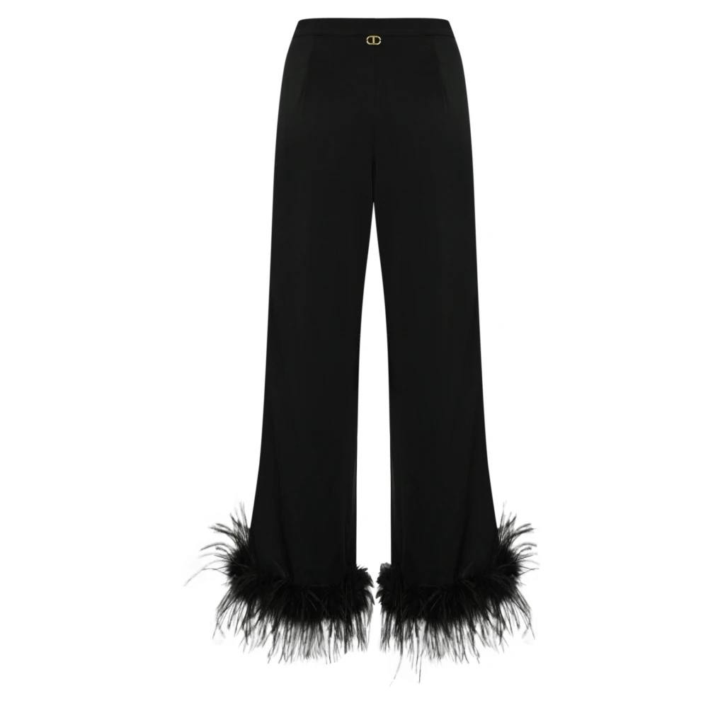 Twinset Zwarte satijnen broek met veren zoom Black Dames