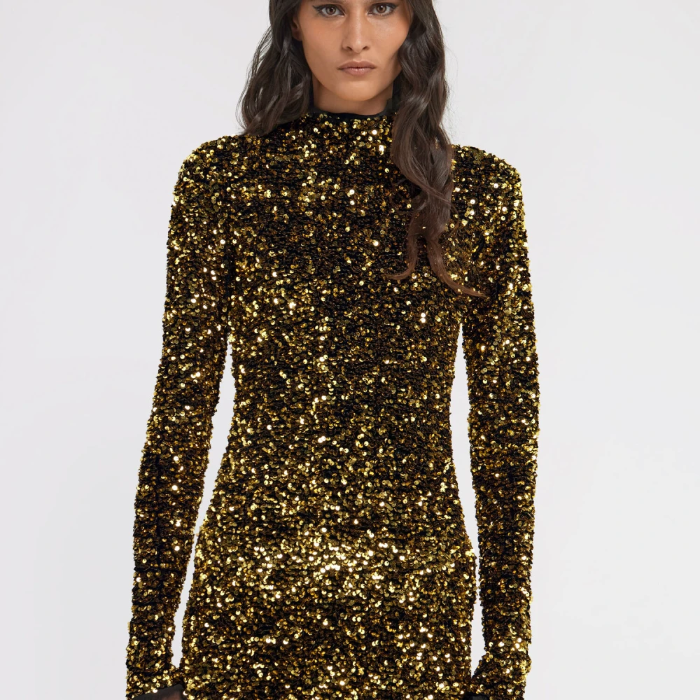 Roberto Cavalli Paillet Mini Jurk Hoge Hals Italië Yellow Dames