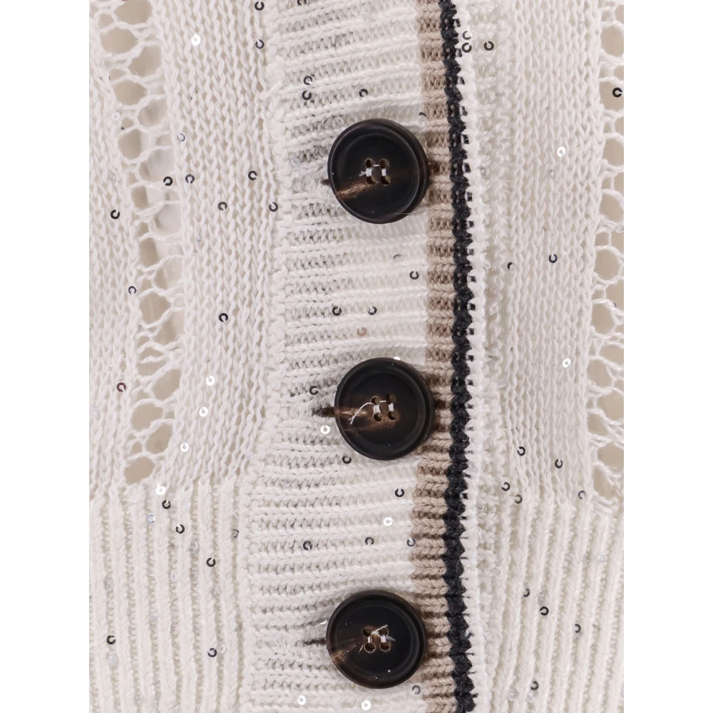 BRUNELLO CUCINELLI Linnen V-hals Cardigan met Pailletten White Dames