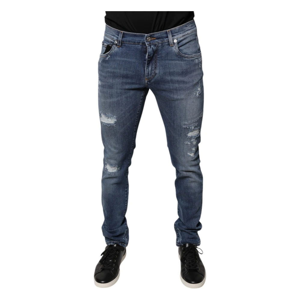 Dolce & Gabbana Mannelijk Blauw Jeans Heren, M, Katoen, Tattered Katoen Stretch Skinny Denim Jeans