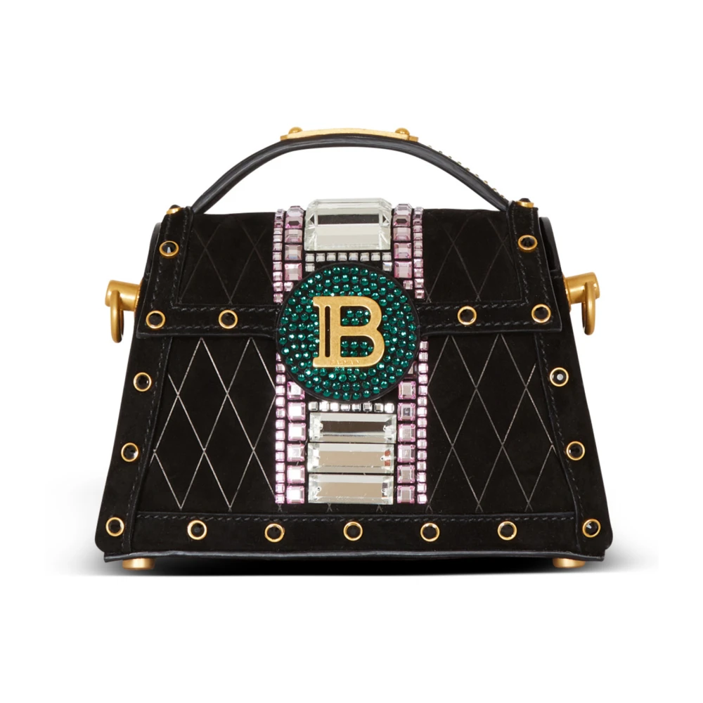 Balmain B-Buzz Dynasty Kleine suède tas met reliëf ruitmotief en borduursel Black Dames