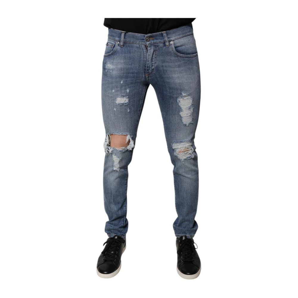 Dolce & Gabbana Men's Blue Tattered Skinny Denim Jeans With Logo - Skinny Fit Jeans - S - Jeans