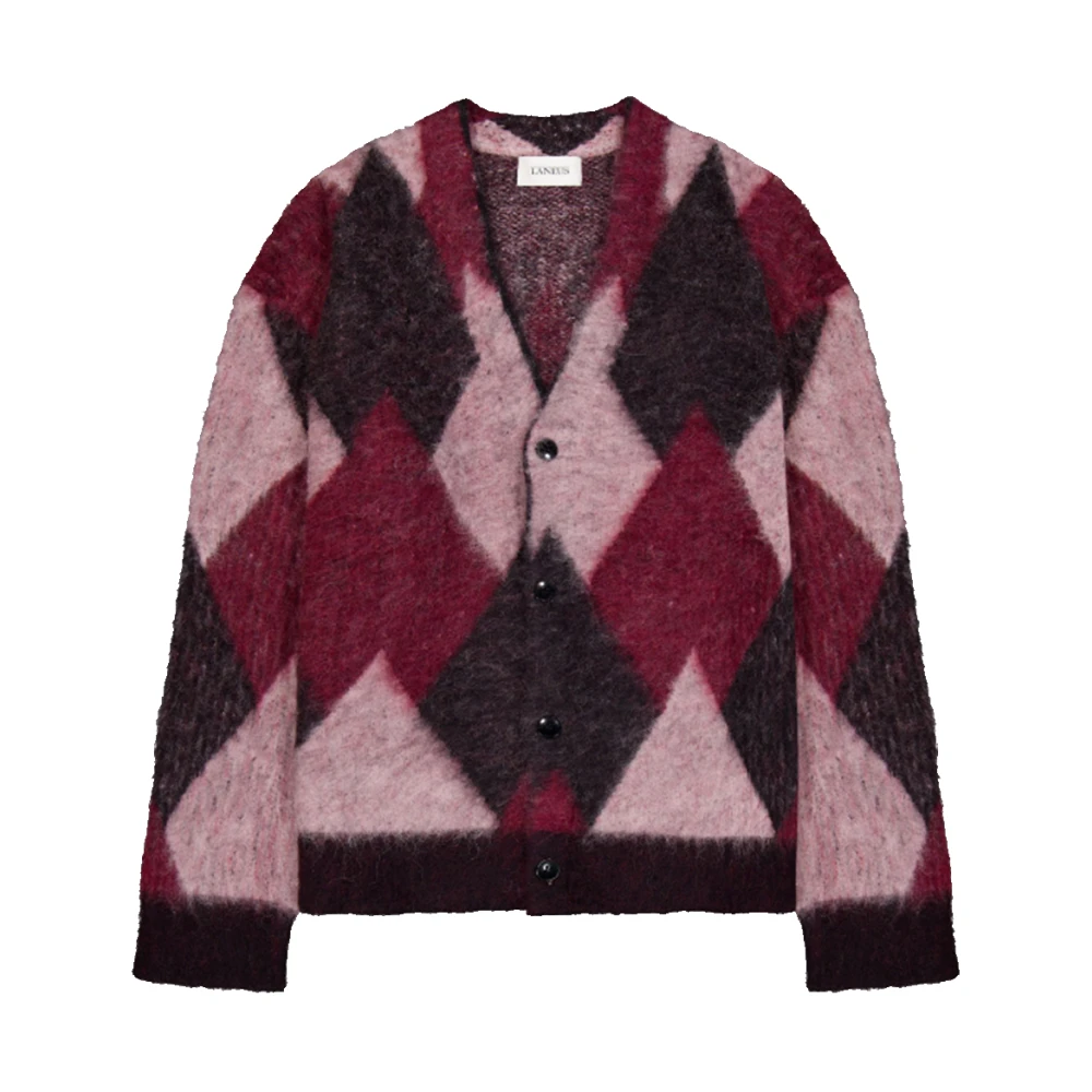 Laneus Argyle Baby Alpaca Cardigan in Bordeaux Multicolor Heren