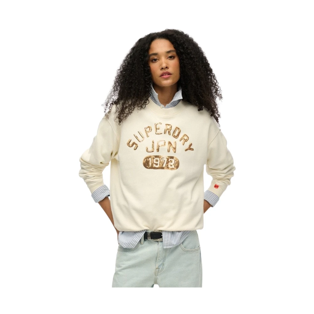 Superdry Women's Beige Embellished Varsity Loose Crew - Sweatshirts - M - Sweatshirts & Hoodies