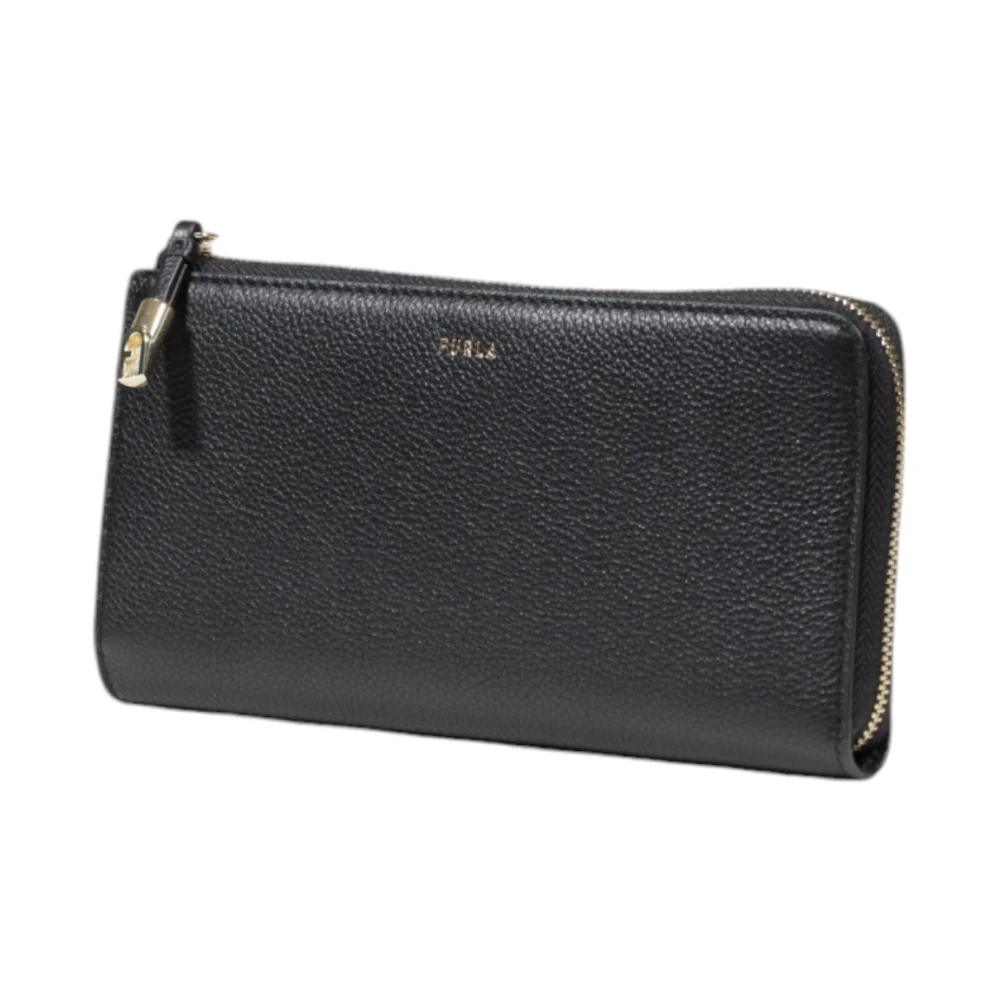 Furla Zwarte leren ritsportemonnee met handtastdetail Black Dames