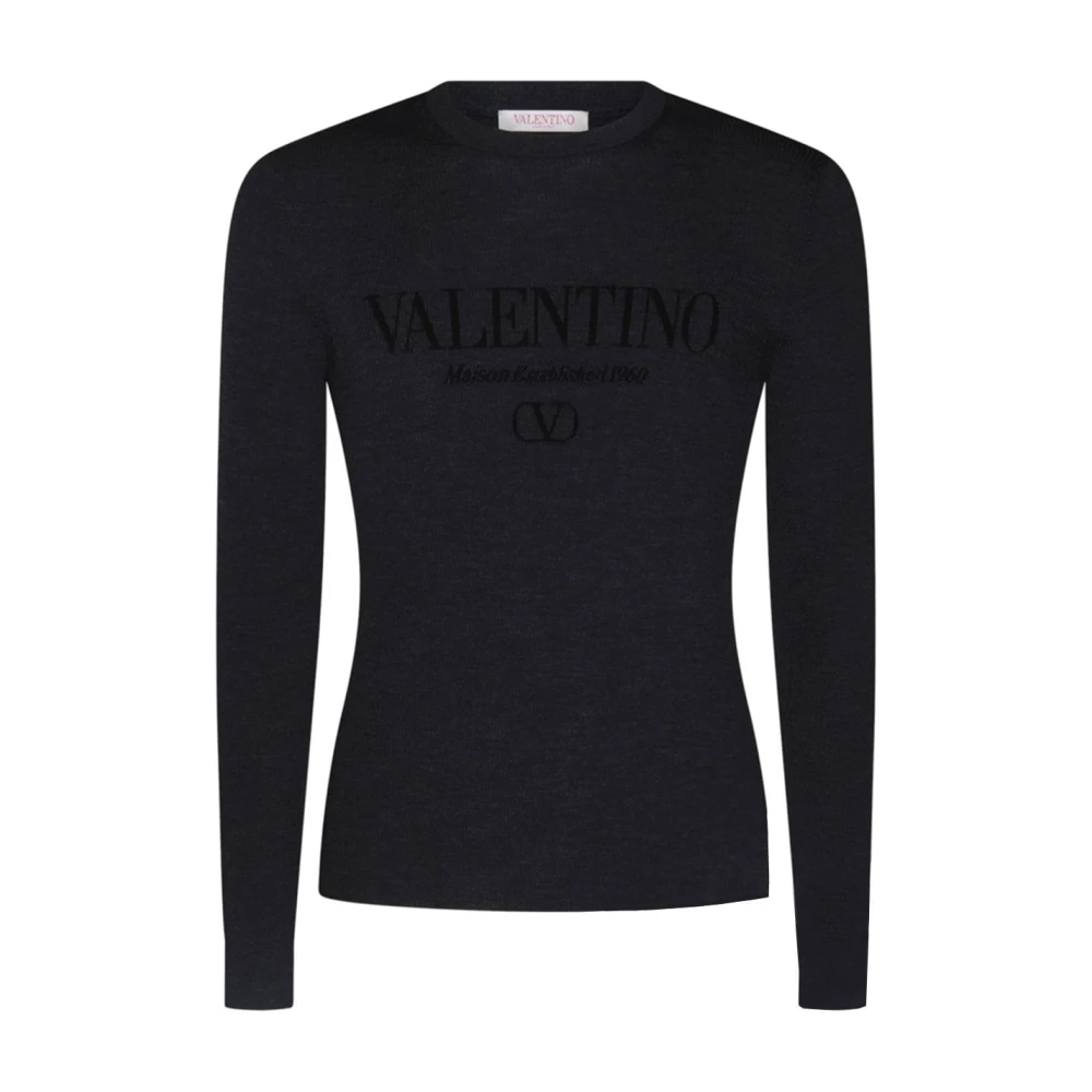 Valentino Garavani Men's Gray Long Sleeve T-Shirts, 2XL, Logo Wool Crewneck Jumper