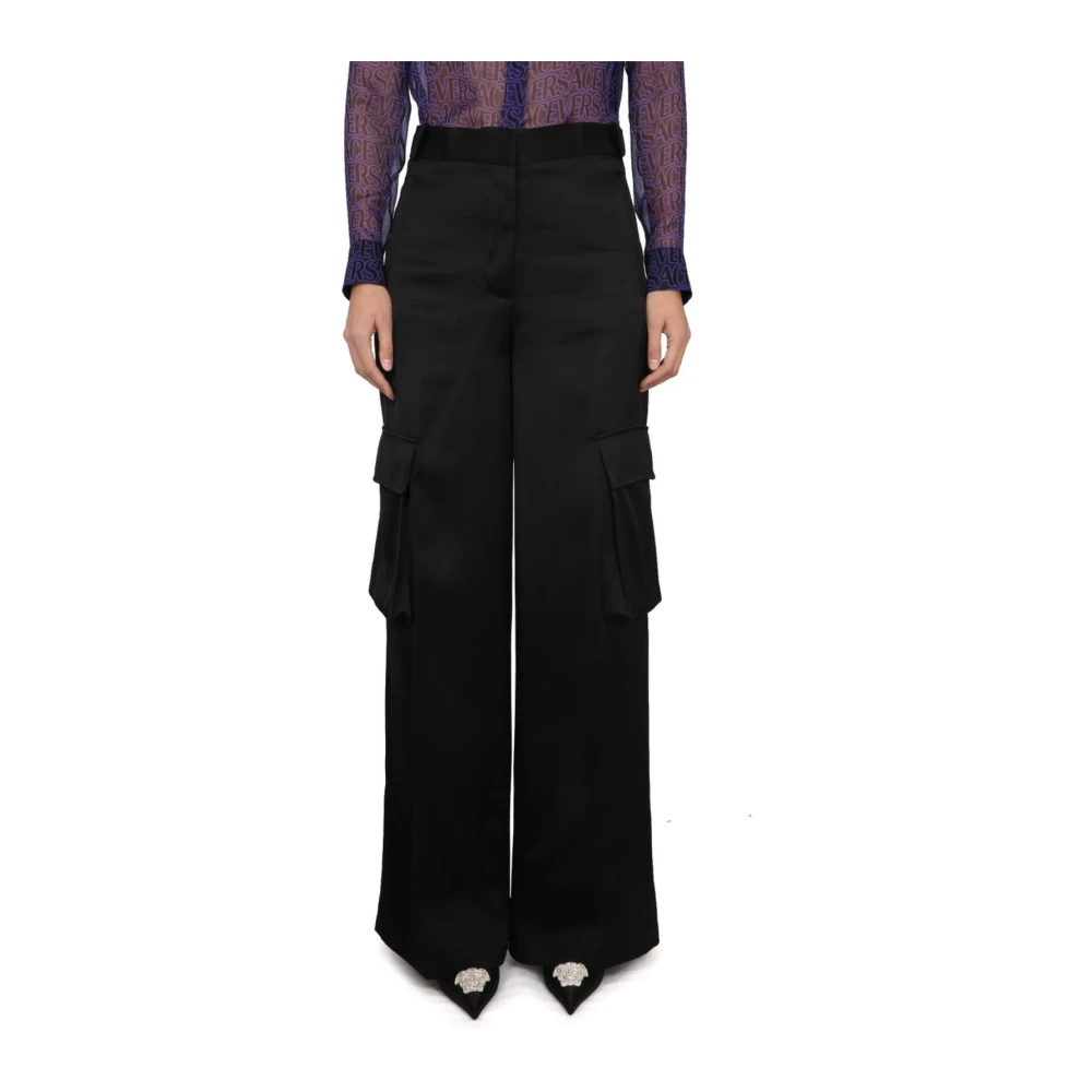Versace Women's Black Wide Trousers, Xs, Wide Leg Cargo Trousers