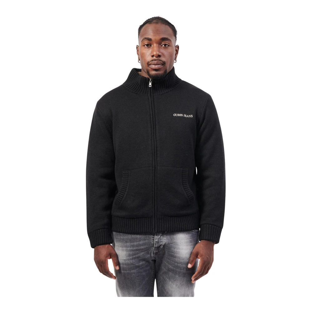 Guess Zwarte Sweater Fullzip Geborduurd Logo Black Heren