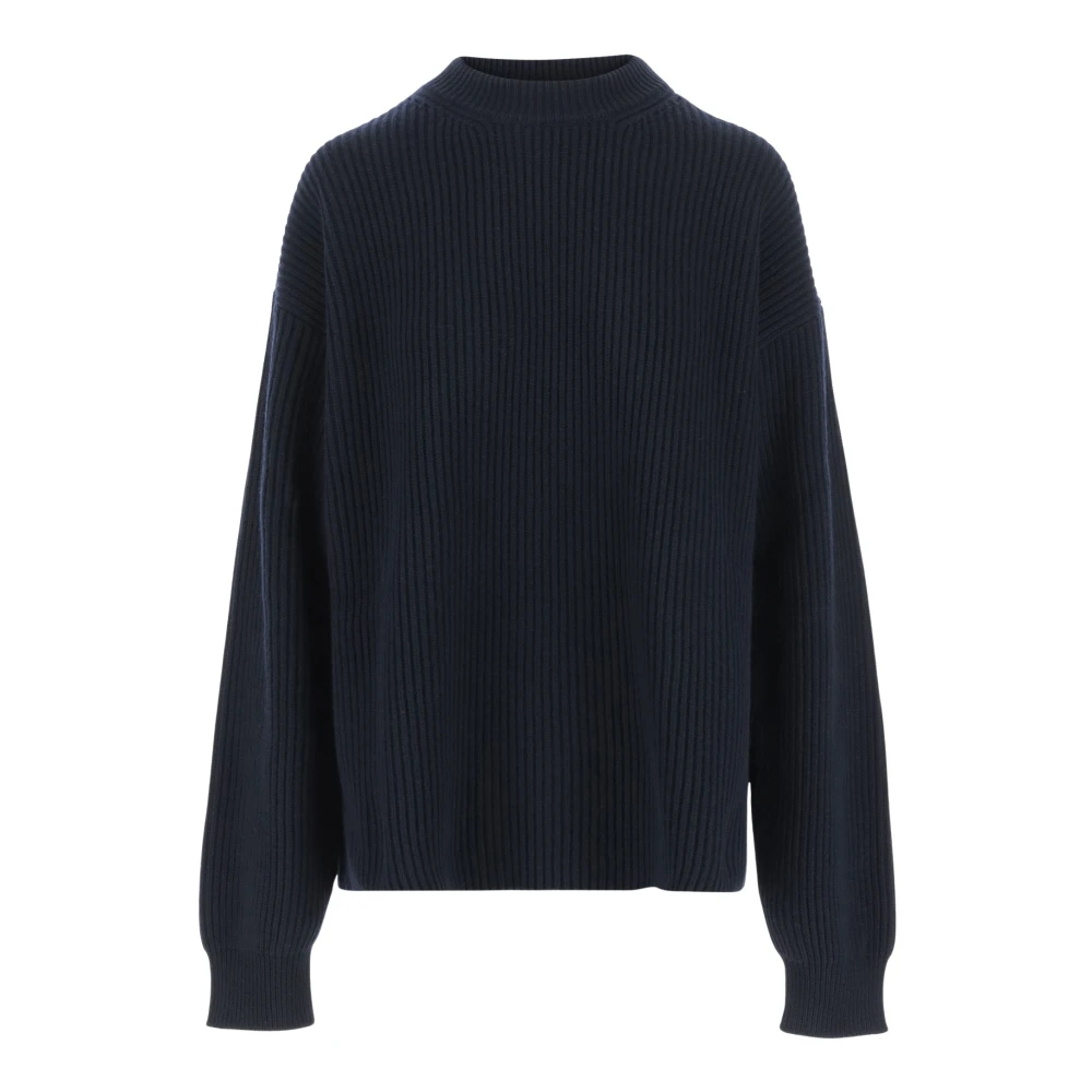 Jil Sander Women's Blue Ribbed Wool Crew Neck Sweater Navy