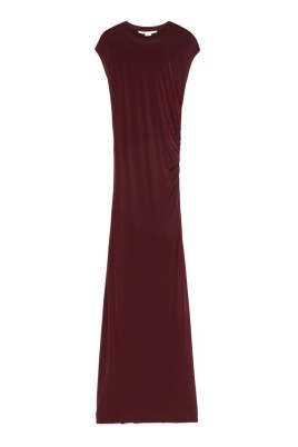bordeaux-red-ruched-crew-neck-dress
