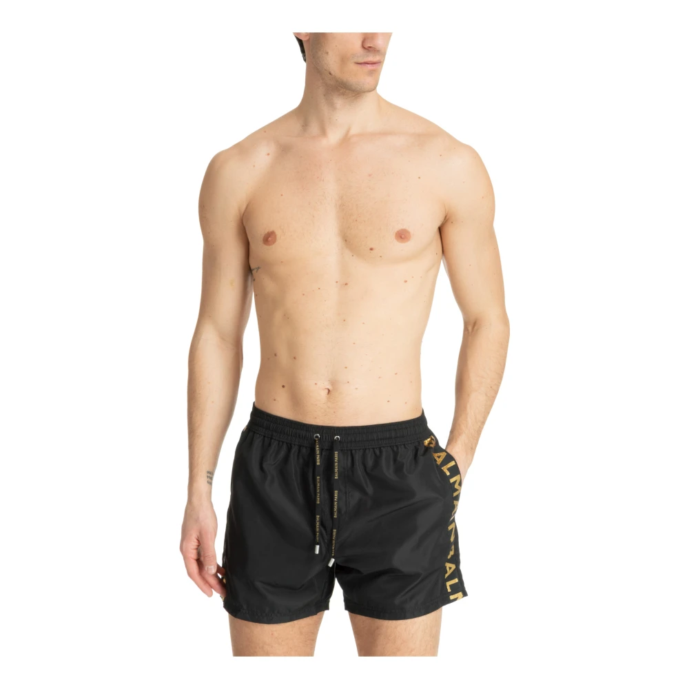 Balmain Trekkoord Zwemshorts Effen Logo Zakken Black Heren