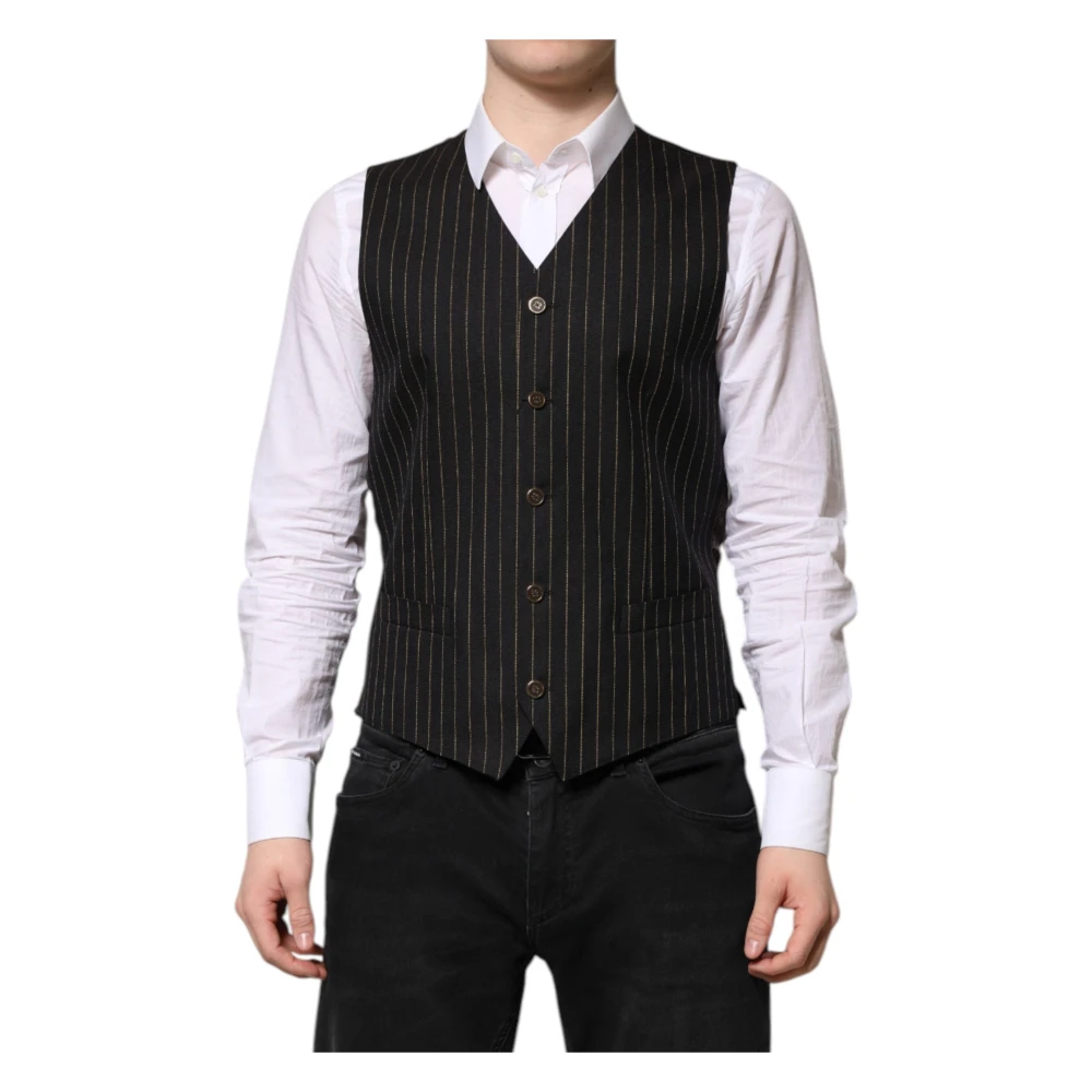 Dolce & Gabbana Mannelijk Zwart Kostuums Heren, M, Wol, Gestreept Wol Formeel Heren Vest