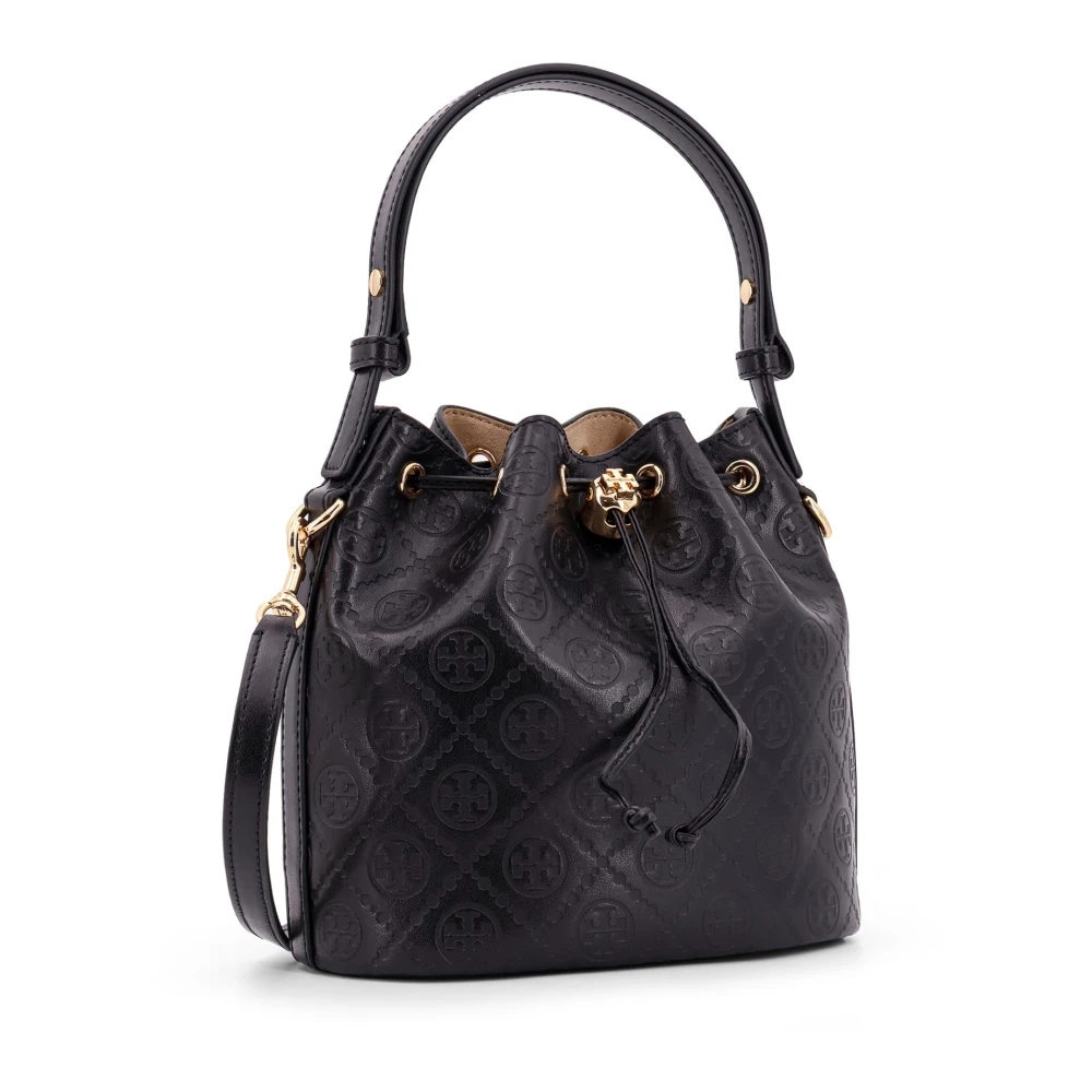 TORY BURCH Monogram Leren Bucket Bag met Trekkoord Black Dames