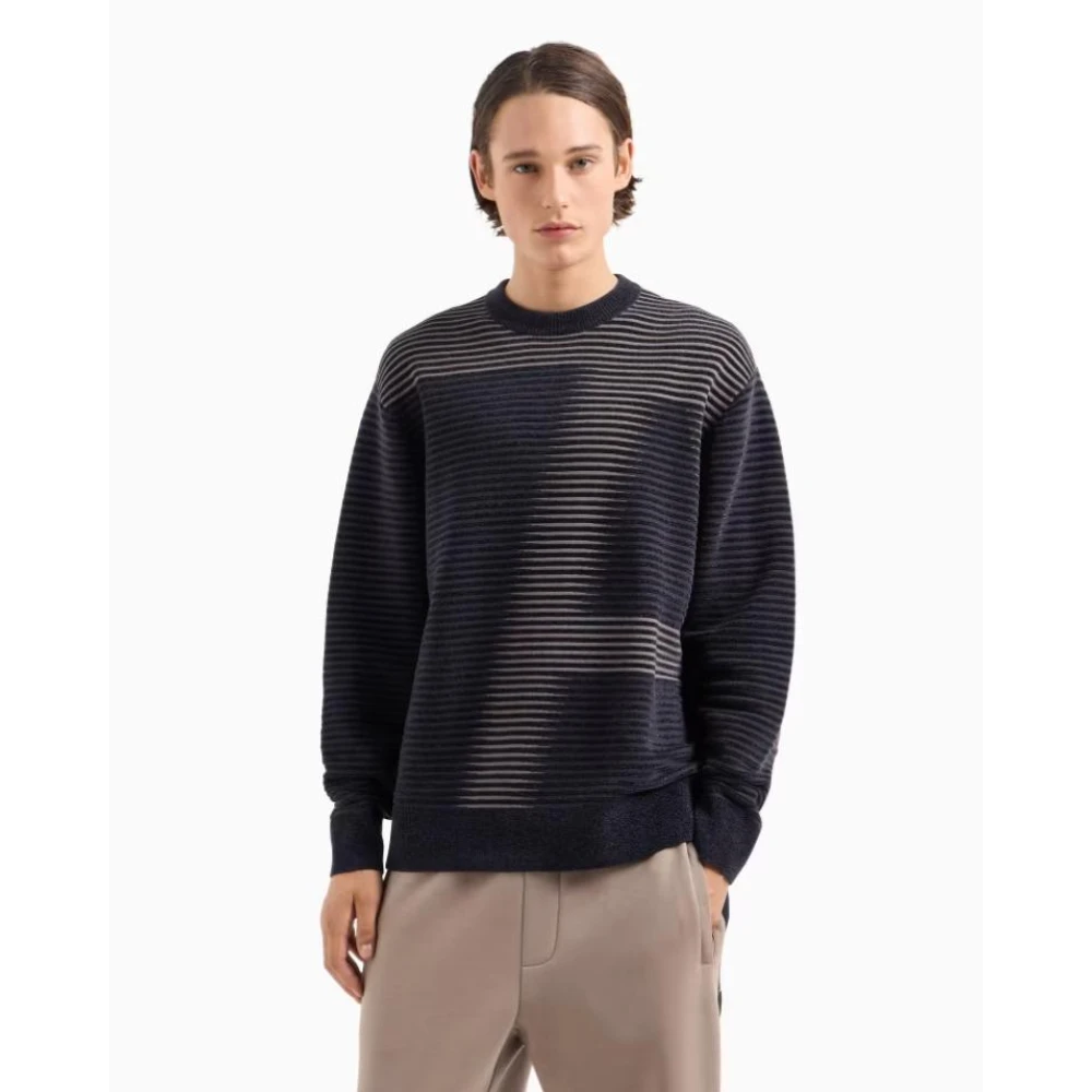 Armani Exchange Gestreepte trui met ronde hals en print Blue Heren