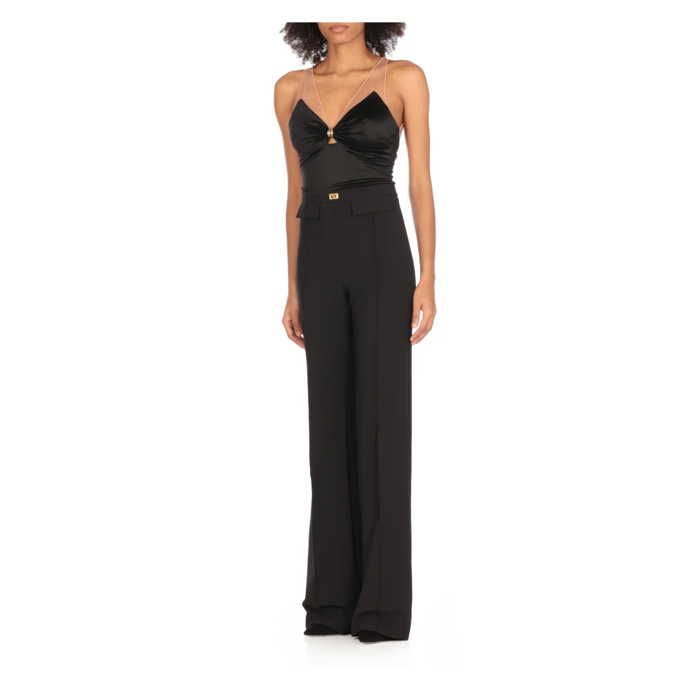 Elisabetta Franchi Zwarte Satijnen V-hals Top met Tule Bandjes Black Dames