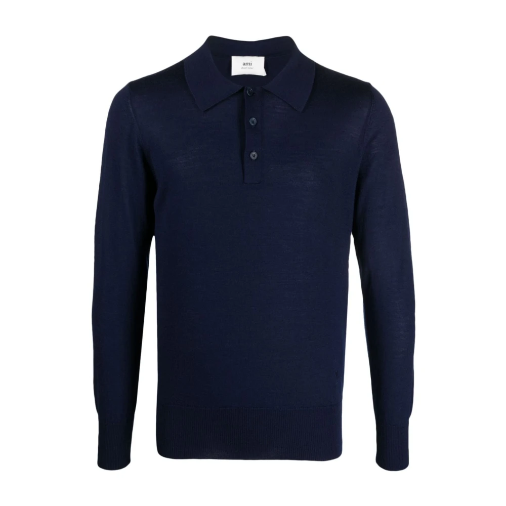 Ami Paris Marinblå Merino Polo Skjorta Blue, Herr