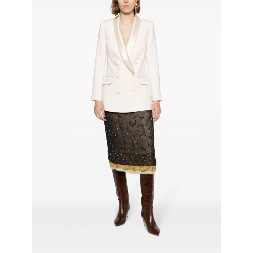 Elisabetta Franchi Beige Dubbelbreasted Jas met Satijnen Details Beige Dames