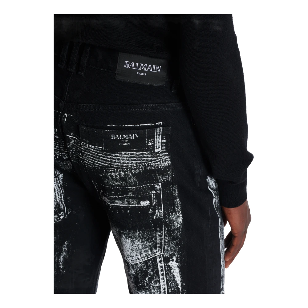 Balmain Wijde denim jeans met een biker-print Black Heren