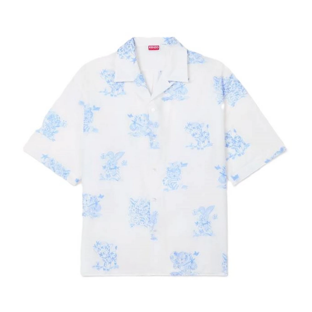 Kenzo Men's White Short Sleeve Shirts, L, Cartoon Hawaiian Shirt