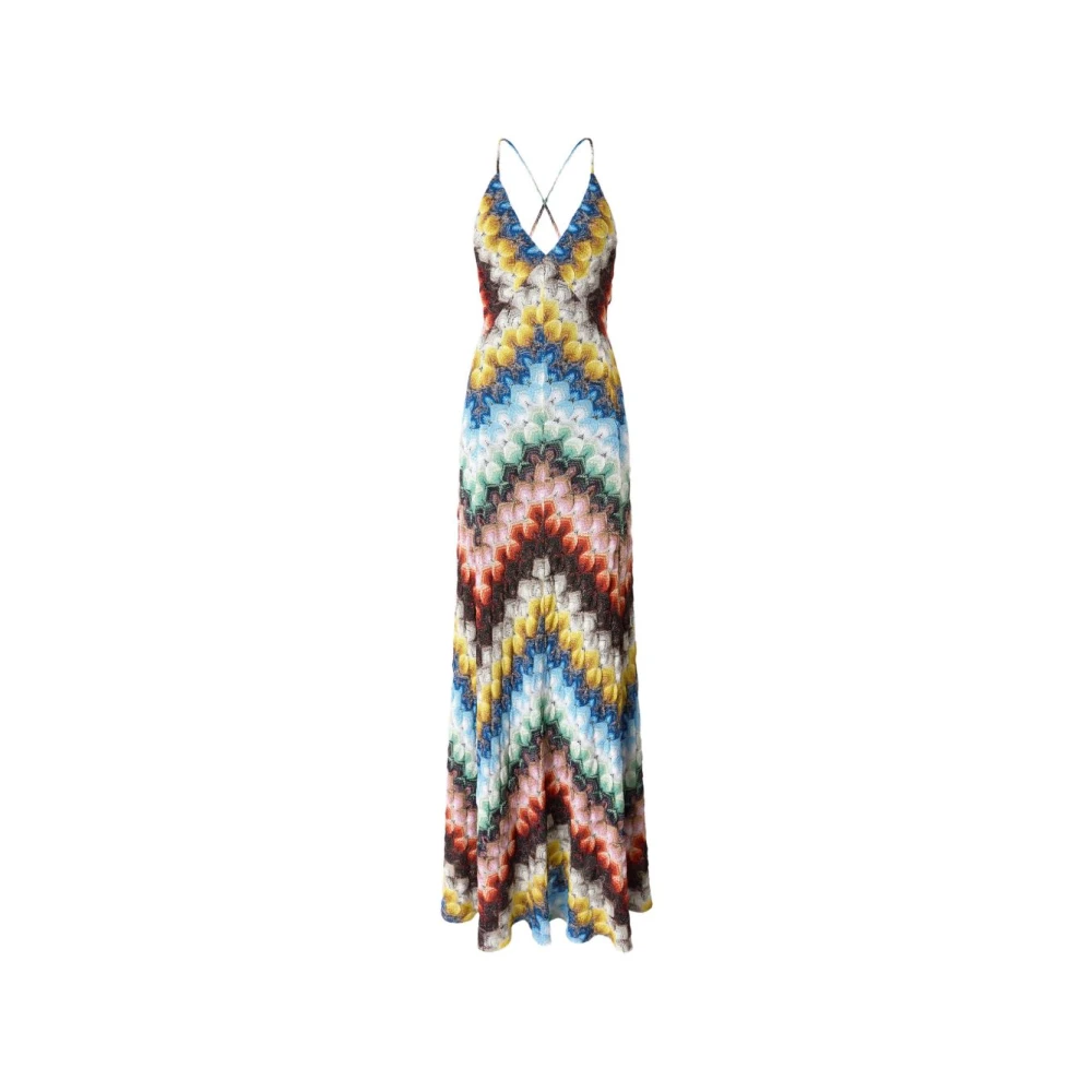 Missoni Women's Multicolor Gowns, Xs, Long Dress With V-Neck In Lamé Viscose With Lace Motif
