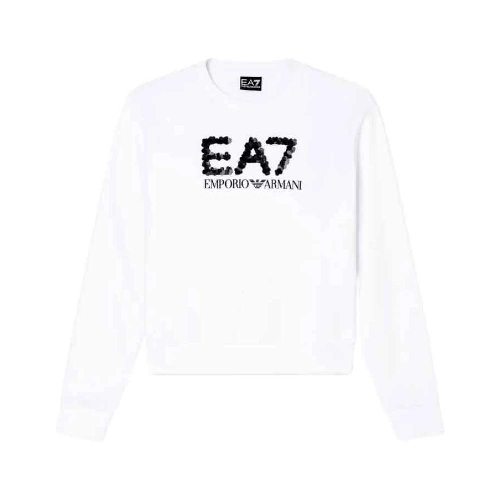Emporio Armani Ea7 Donna Bianco Cotton-Blend Crew-Neck Sweatshirt