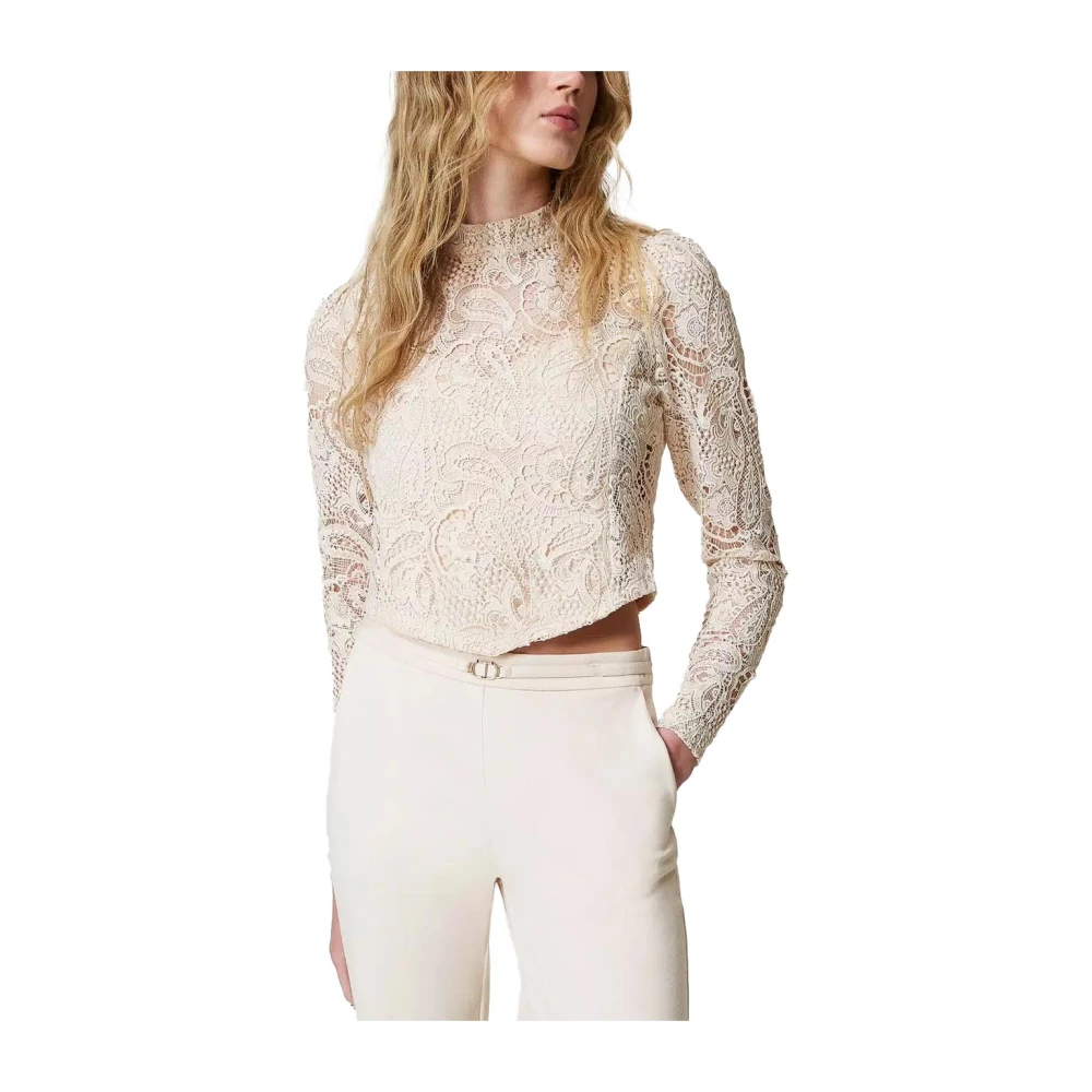 Twinset Kanten cropped blouse met mandarijnkraag White Dames