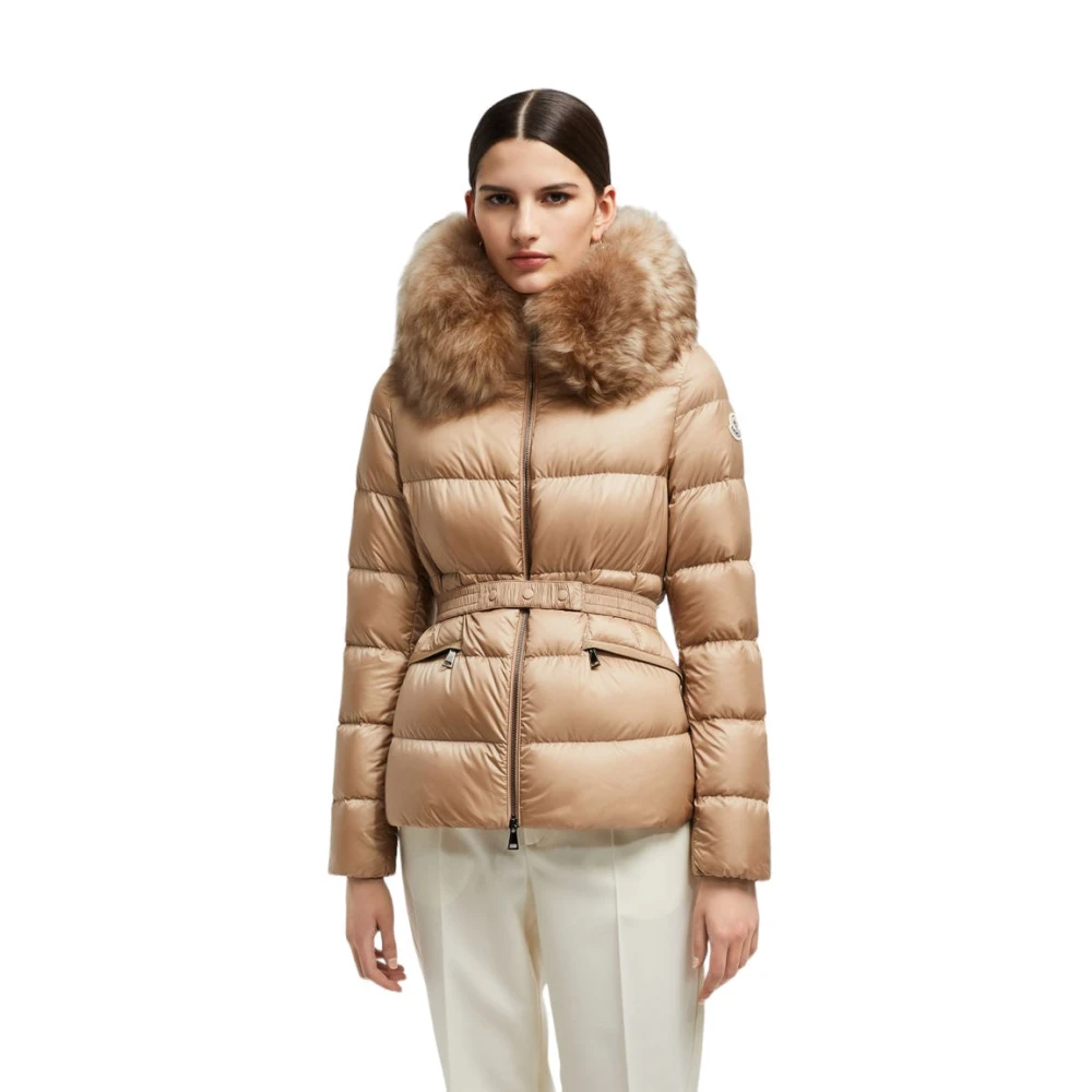Moncler Beige Donsjack met Shearling Trim Beige Dames