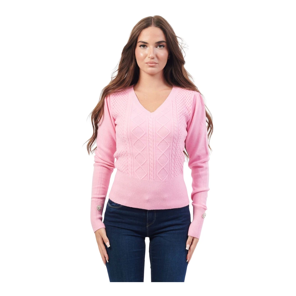 Fracomina Roze V-hals trui met geborduurde details Pink Dames