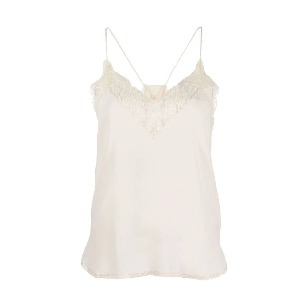 Zadig & Voltaire Elegante Zijden Kant Trim V-Hals Hemdje White Dames