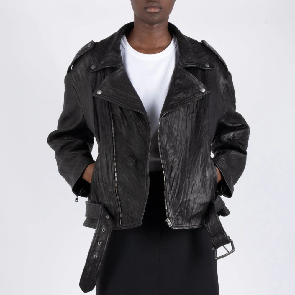 Acne Studios Verweerde Leren Bikerjas Black Dames