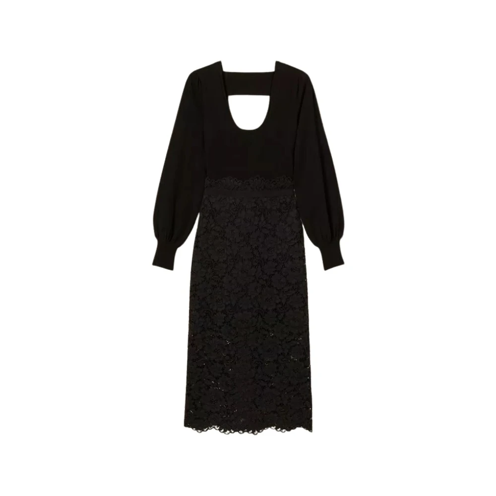 Twinset Black Knit And Lace Long Dress - Female - Midi Dresses - L - Dresses