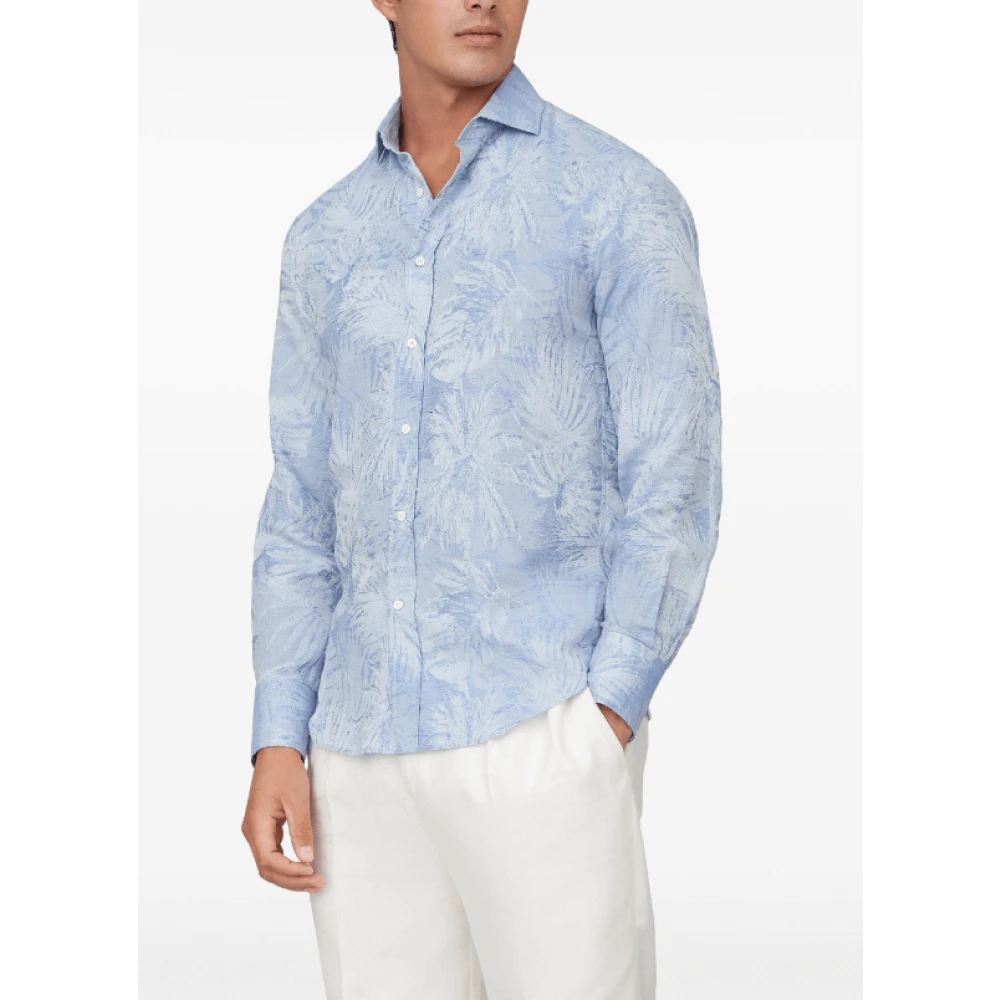 BRUNELLO CUCINELLI Blauwe Palm Springs Jacquard Overhemd Blue Heren