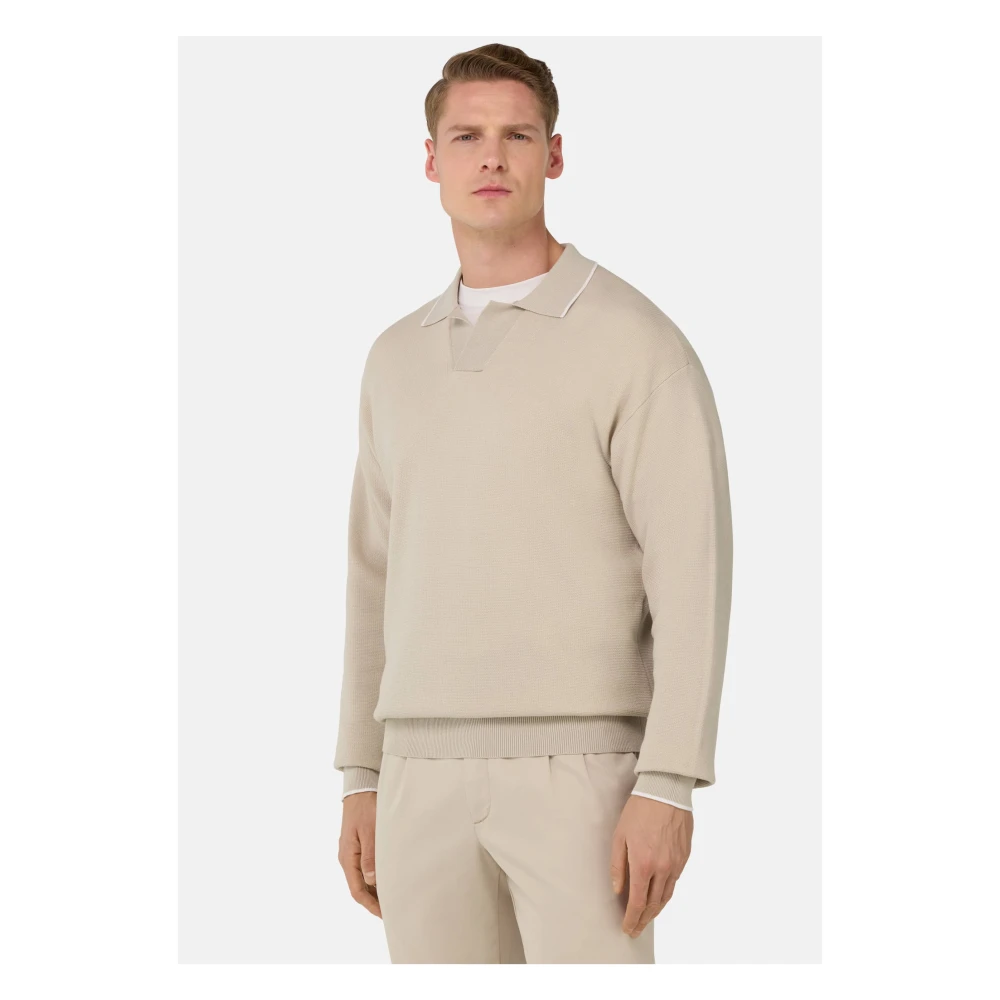 Boggi Milano Open Neck Gebreide Polo Shirt Beige Heren