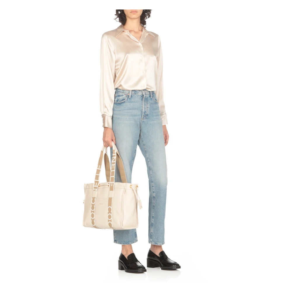 Coccinelle Leren schoudertas met logo-handvatten Beige Dames