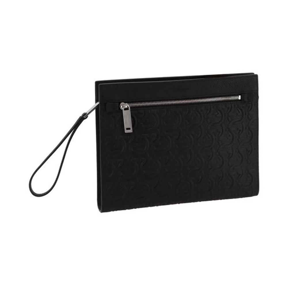 Salvatore Ferragamo Elegante Leren Clutch met Gancini Textuur Black Heren