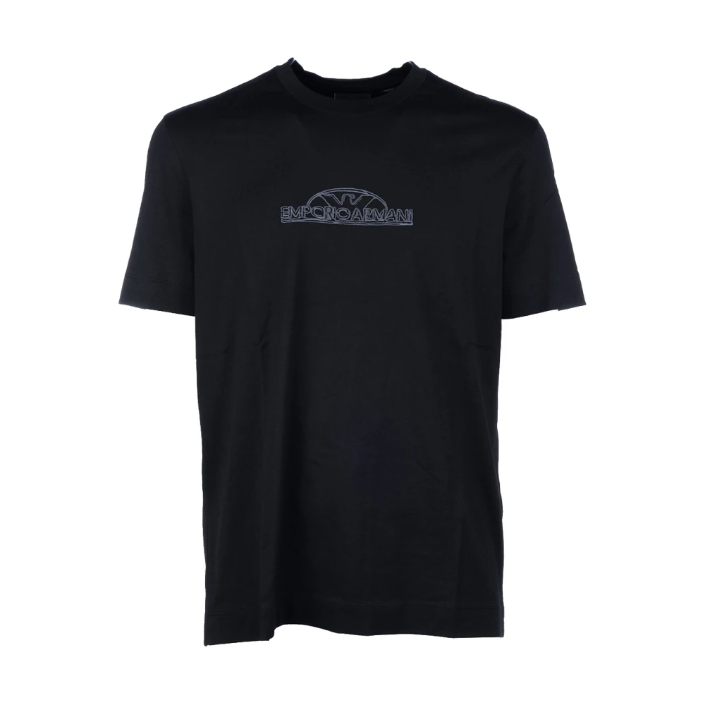 Emporio Armani Herr Svart Toppar Xl, Bomull, T-Shirt Med Logobroderad Rund Hals