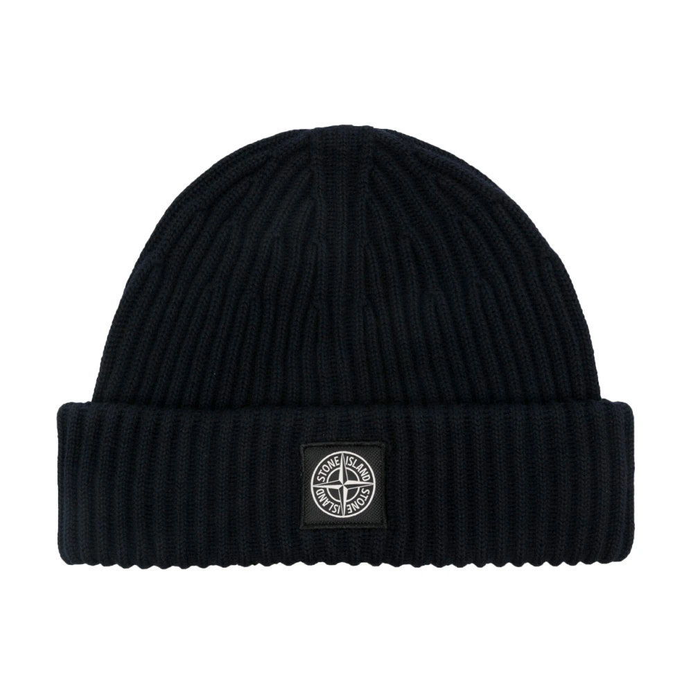 Stone Island Blauwe Geribbelde Beanie met Logopatch Blue Heren