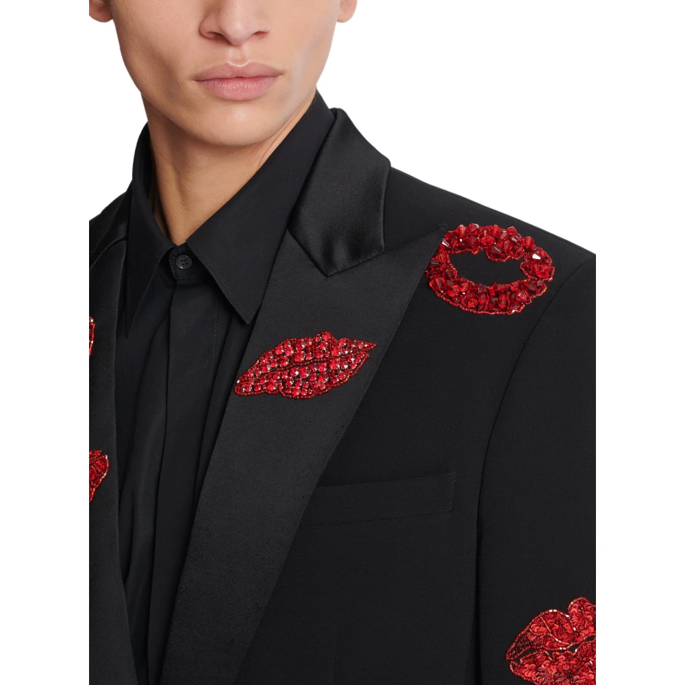 Balmain Crepe 1-knoops jasje met Kiss borduurwerk Black Heren