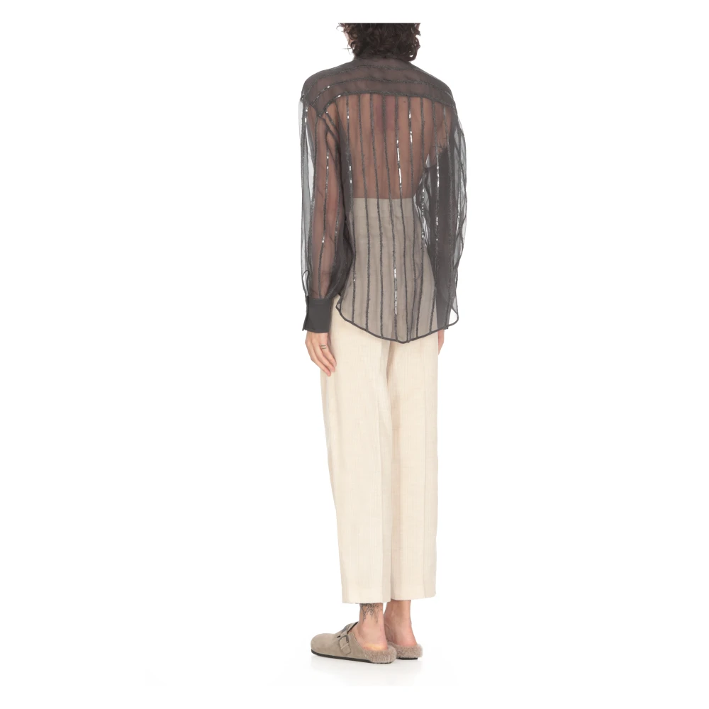 BRUNELLO CUCINELLI Zwarte Zijden Gestreepte Blouse met Pailletten Black Dames