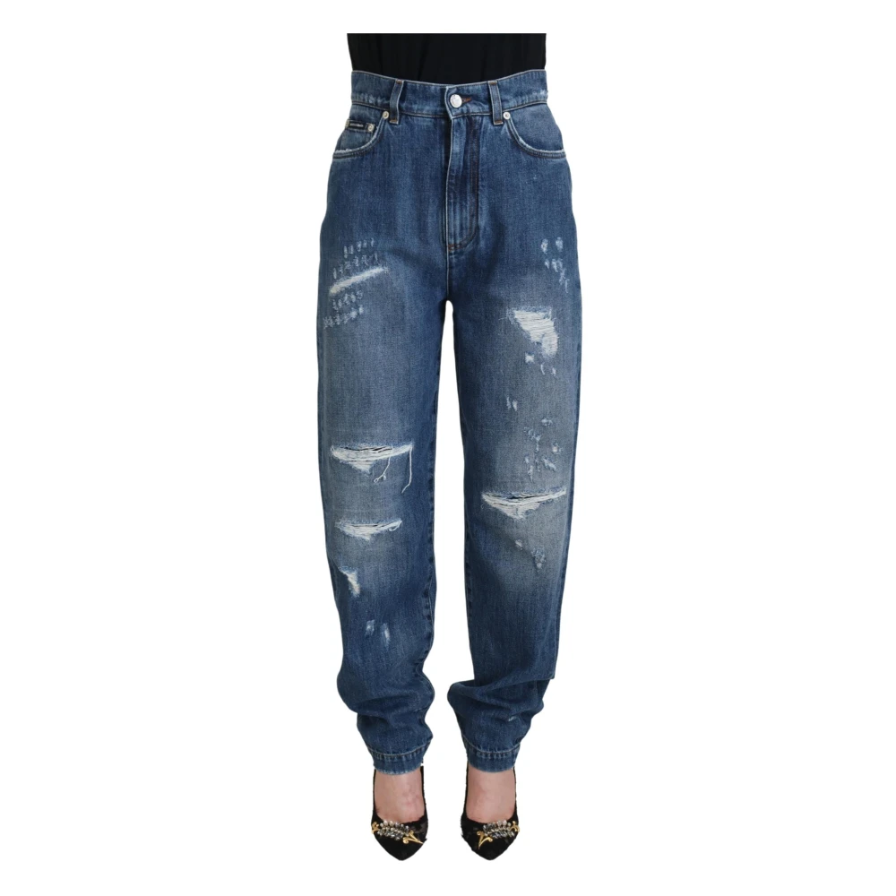 Dolce & Gabbana Women's Blue Washed Cotton Tattered Denim Jeans