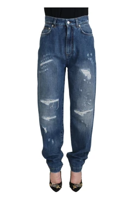 Blå Tvättad Bomull Tattered Denim Jeans
