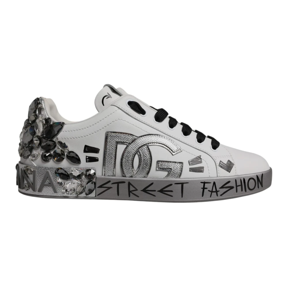 Dolce & Gabbana Men's White Silver Crystal Portofino Trainers - Sneakers - 9 1/2 Uk- Shoes